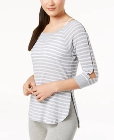 Shop Calvin Klein Performance Highlight Striped Cutout-sleeve Top In Pearl Grey Heather Combo