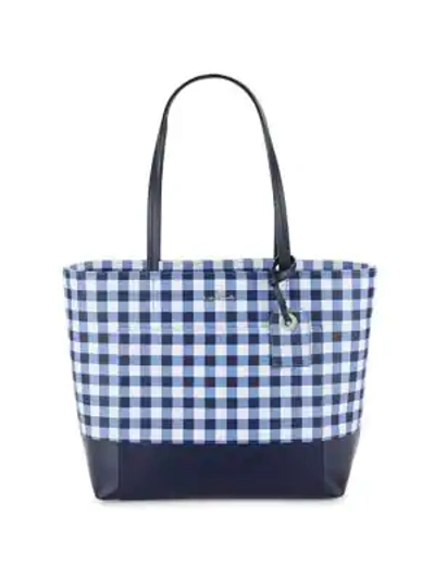 Shop Kate Spade Gingham Leather Tote In Navy White