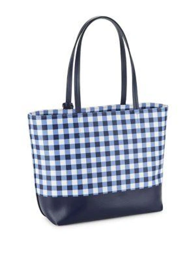 Shop Kate Spade Gingham Leather Tote In Navy White