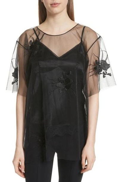 Shop Helmut Lang Orchid Embroidered Mesh Top In Black/ Black