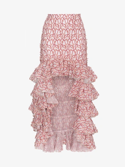 Shop Giambattista Valli Floral Ruffle Asymmetric Skirt In Pink&purple
