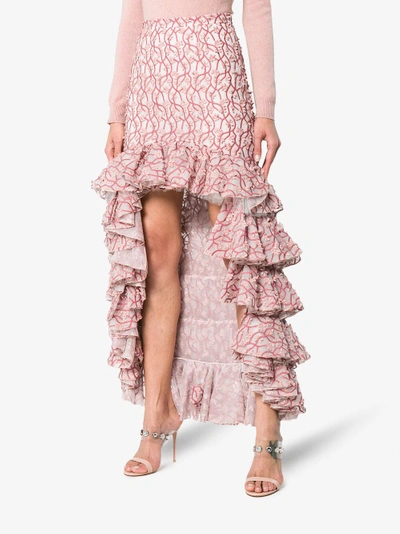 Shop Giambattista Valli Floral Ruffle Asymmetric Skirt In Pink&purple