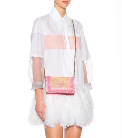 Shop Prada Leather And Raffia Shoulder Bag In Pink