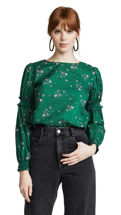 Shop Amanda Uprichard Smocked Sleeve Top In Emerald Ditsy