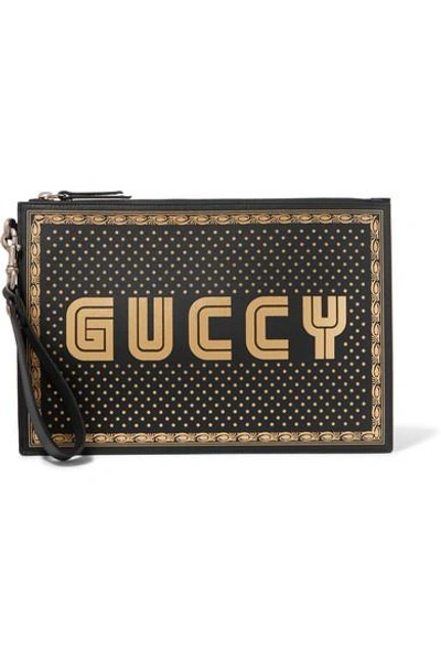 Shop Gucci Guccy Printed Leather Pouch In Black