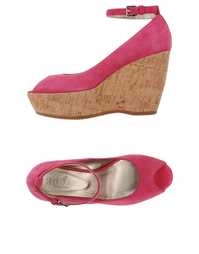 Shop Hogan Woman Pumps Fuchsia Size 6.5 Leather, Cork In Pink