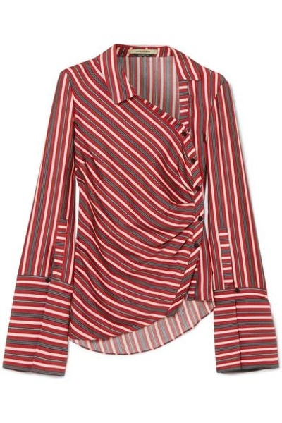 Shop Hellessy Wyatt Asymmetric Striped Silk And Cotton-blend Blouse In Red