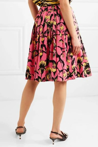 Shop Prada Pleated Floral-print Cotton-canvas Skirt In Pink