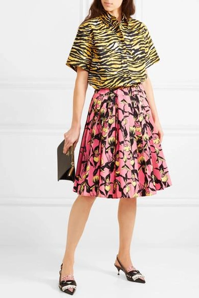 Shop Prada Pleated Floral-print Cotton-canvas Skirt In Pink