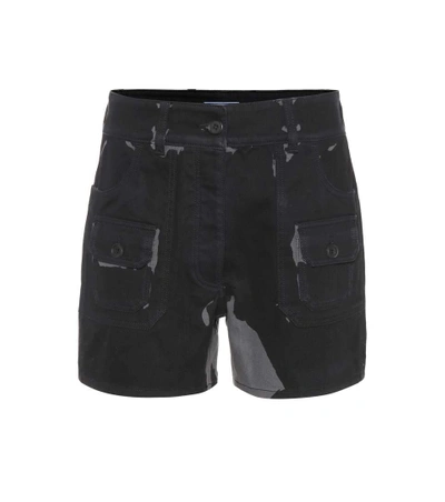 Shop Prada Printed Denim Shorts In Black