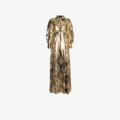 Shop Gucci Floral Print Maxi Gown In Metallic