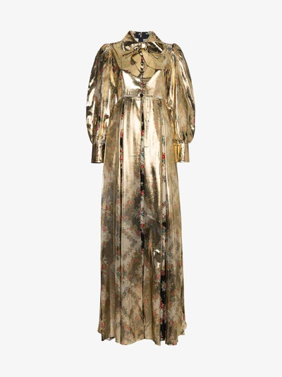 Shop Gucci Floral Print Maxi Gown In Metallic