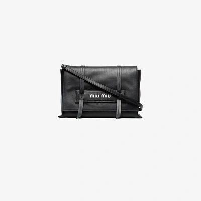 Shop Miu Miu Black Logo Embossed Leather Shoulder Bag