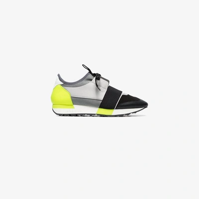 Shop Balenciaga Black, Grey And Neon Race Runner Leather Sneakers