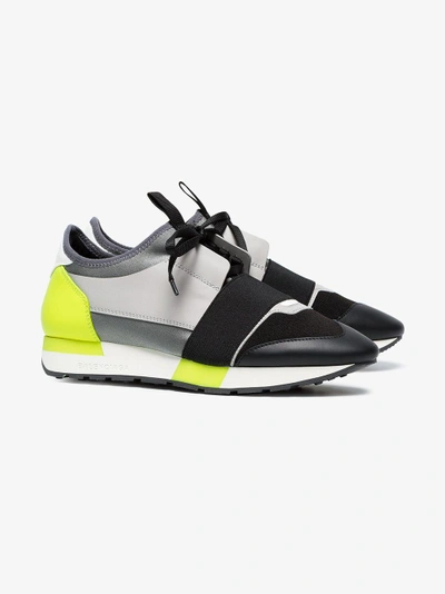 Shop Balenciaga Black, Grey And Neon Race Runner Leather Sneakers