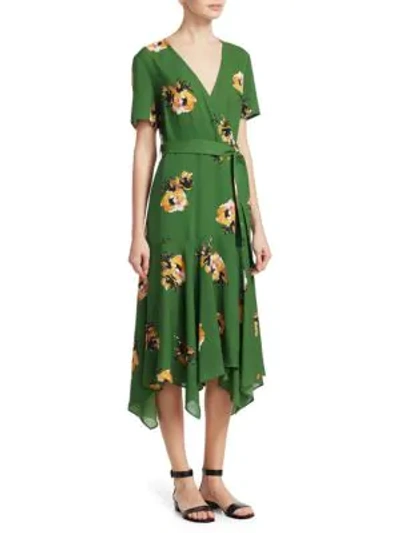 Shop A.l.c Cora Short-sleeve Floral Silk Wrap Dress In Cactus Saffron
