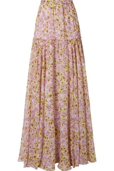 Shop Giambattista Valli Pleated Floral-print Silk-chiffon Maxi Skirt In Pastel Pink