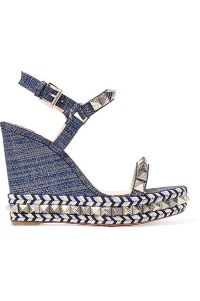 Shop Christian Louboutin Pyraclou 110 Spiked Lamé Wedge Sandals In Blue