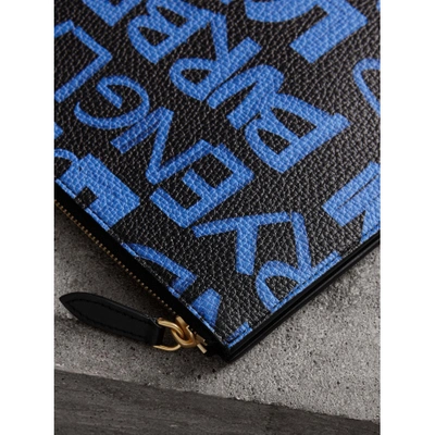 Shop Burberry Graffiti Print Leather Zip Pouch In Blue/black