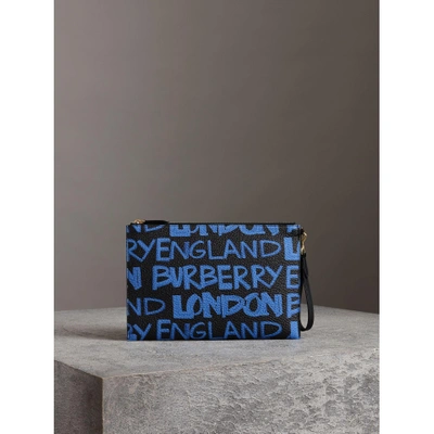 Shop Burberry Graffiti Print Leather Zip Pouch In Blue/black
