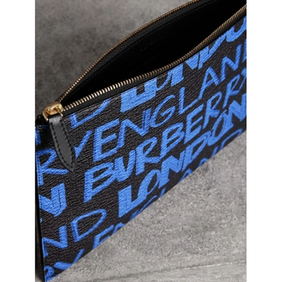 Shop Burberry Graffiti Print Leather Zip Pouch In Blue/black
