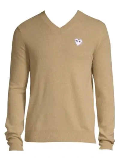Shop Comme Des Garçons Play Men's White Heart V-neck Sweater In Camel