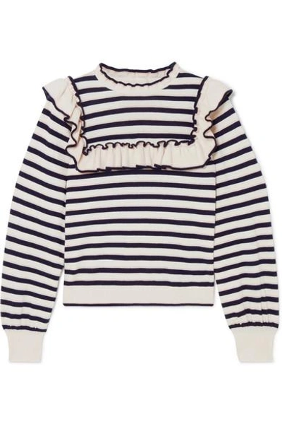Shop Ulla Johnson Lourdes Ruffled Striped Cotton And Cashmere-blend Sweater In Navy
