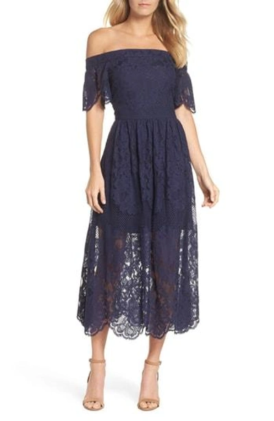 Shop Vince Camuto Off The Shoulder Lace Midi Dress In Navy