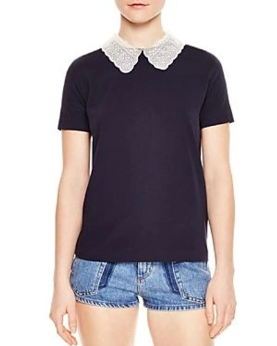 Shop Sandro Rare Lace Collar Keyhole Tee In Navy Blue