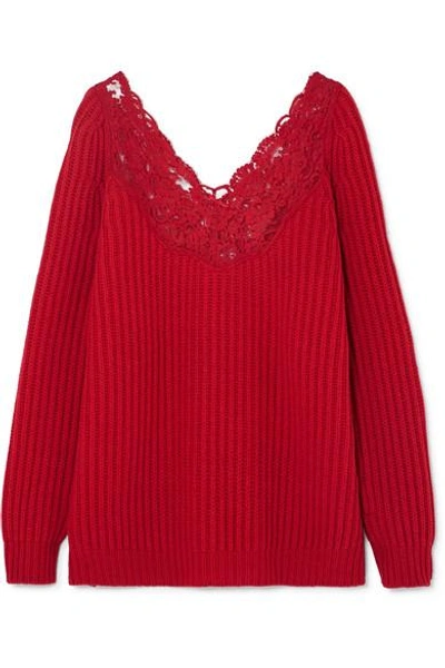 Shop Balenciaga Lingerie Lace-trimmed Ribbed Wool Sweater In Red