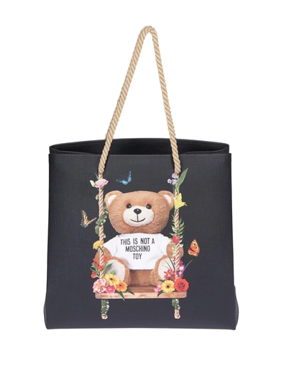 Shop Moschino Teddy Bear Printed Shoulder Bag In Black