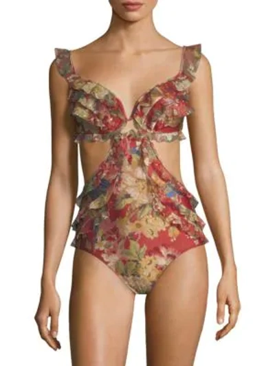 Shop Zimmermann Melody One-piece Frill Off-the-shoulder Swimsuit In Floral
