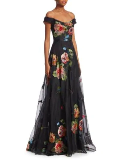 Shop Marchesa Notte Embroidered Organza Gown In Black