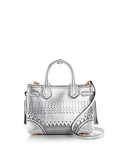 Shop Burberry Small Banner Leather Kiltie Fringe Satchel In Silver/gold