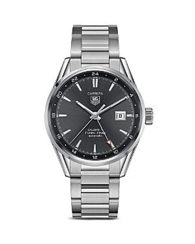 Shop Tag Heuer Carrera Calibre 7 Twin-time Stainless Steel And Anthracite Dial Watch, 41mm In Silver/black