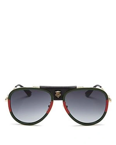 Shop Gucci Women's Leather Tiger Logo Aviator Sunglasses, 57mm In Gold/green/red/gray