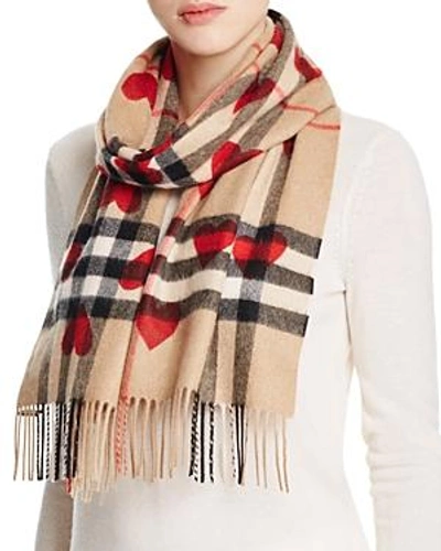 Shop Burberry Heart Print Giant Check Reversible Cashmere Scarf In Parade Red