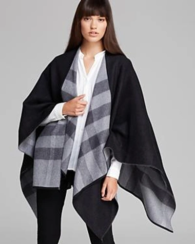 Shop Burberry Charlotte Reversible Solid To Check Wool Cape In Charcoal