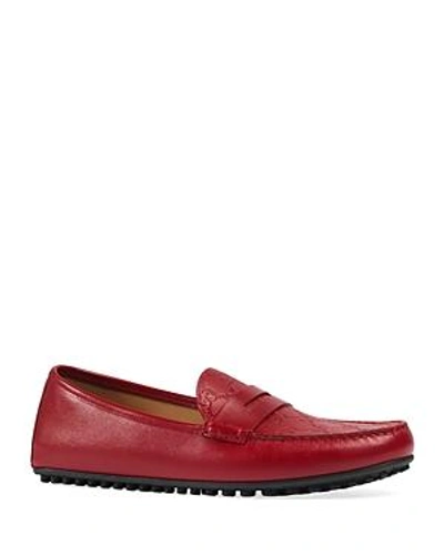 Shop Gucci Men's New Kanye Embossed Leather Loafers In Red