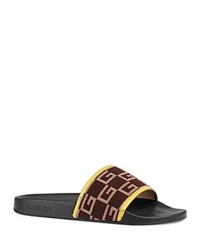 Shop Gucci Men's Canvas And Leather Slides In Black/gold