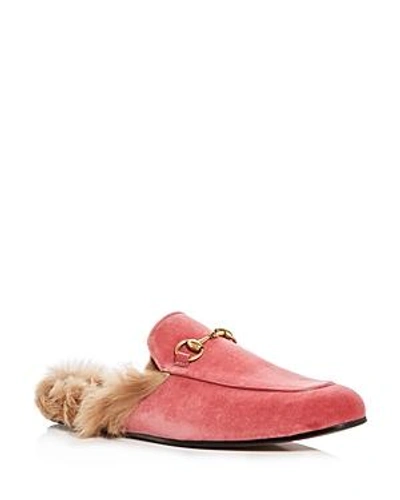 Shop Gucci Men's Princetown Velvet And Lamb Fur Slippers In Pink