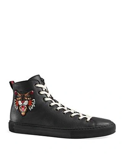 Shop Gucci Leather High-top Sneakers With Appliques In Black