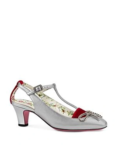 Shop Gucci Women's Anita Bow Leather T-strap 55mm Pumps In Argento Natural