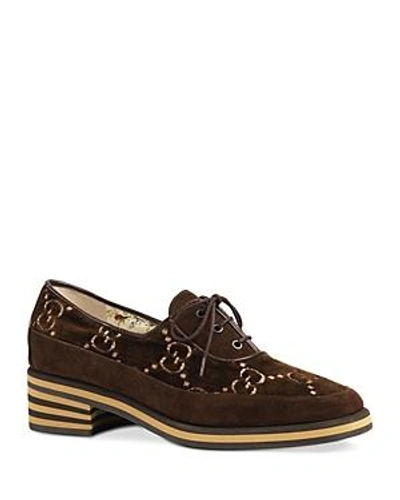Shop Gucci Women's Thomson Suede & Velvet Lace Up Oxfords In Cocoa/gold