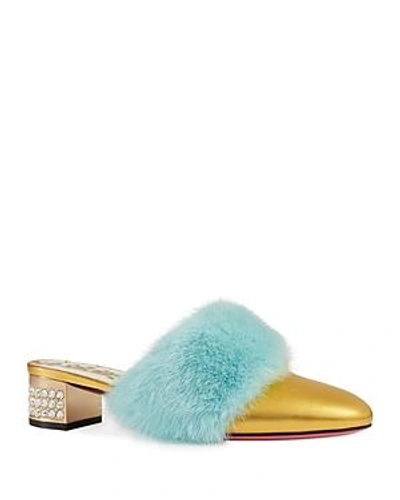 Shop Gucci Women's Candy Leather & Mink Fur Embellished Mule Pumps In Turquoise/beige