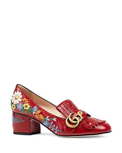 Shop Gucci Women's Marmont Embroidered Patent Leather Mid Heel Loafers In Red