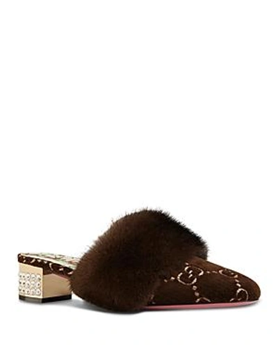 Shop Gucci Women's Candy Velvet & Mink Fur Embellished Mules In Marrone Brown