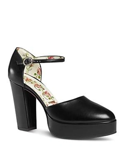 Shop Gucci Women's Agon Leather Round Toe Ankle Strap Pumps In Black