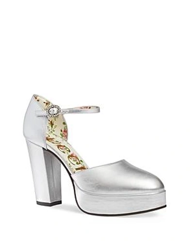 Shop Gucci Women's Agon Leather Round Toe Ankle Strap Pumps In Argento