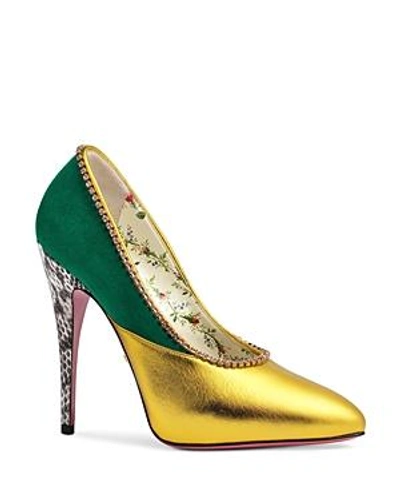 Shop Gucci Women's Peachy Embellished Leather & Suede Pumps In Gold